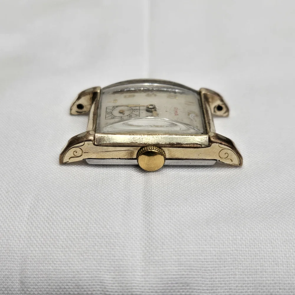 Vtg RIMA 17 Jewels Tank Style Wristwatch Swiss‎ Movement 10k R.G.P. Bezel Works